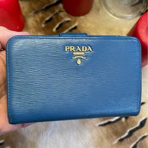 Authentic PRADA Logo Saffiano Blue Leather Bifold Wallet - EUC